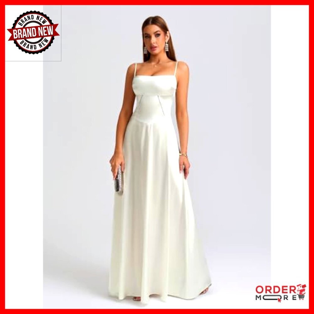 Satin Maxi Dress Elegant Formal Evening Gown Lace Up Corset Backless - Picture 4 of 6